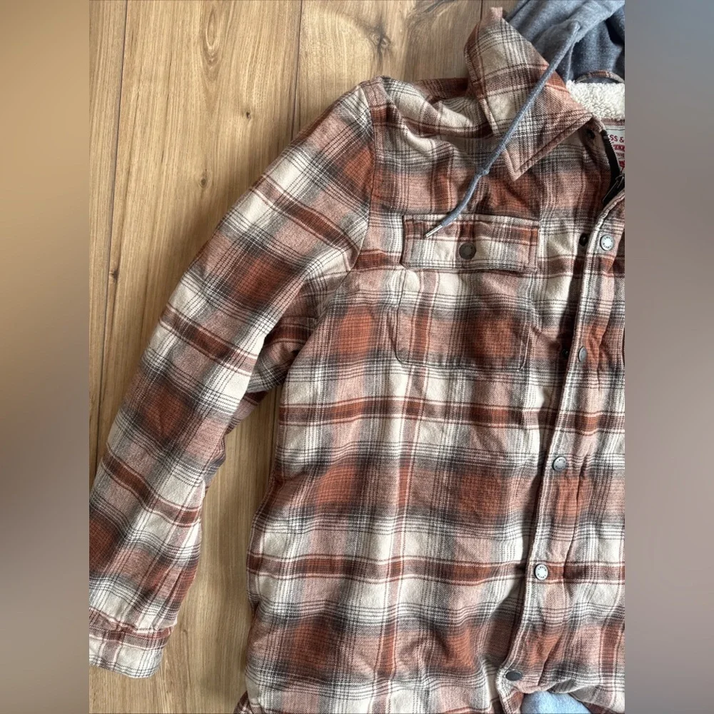 Levi's Men's Size XXL Sherpa Lined Hooded Plaid Brown And Orange Shirt Jacket - Picture 4 of 13
